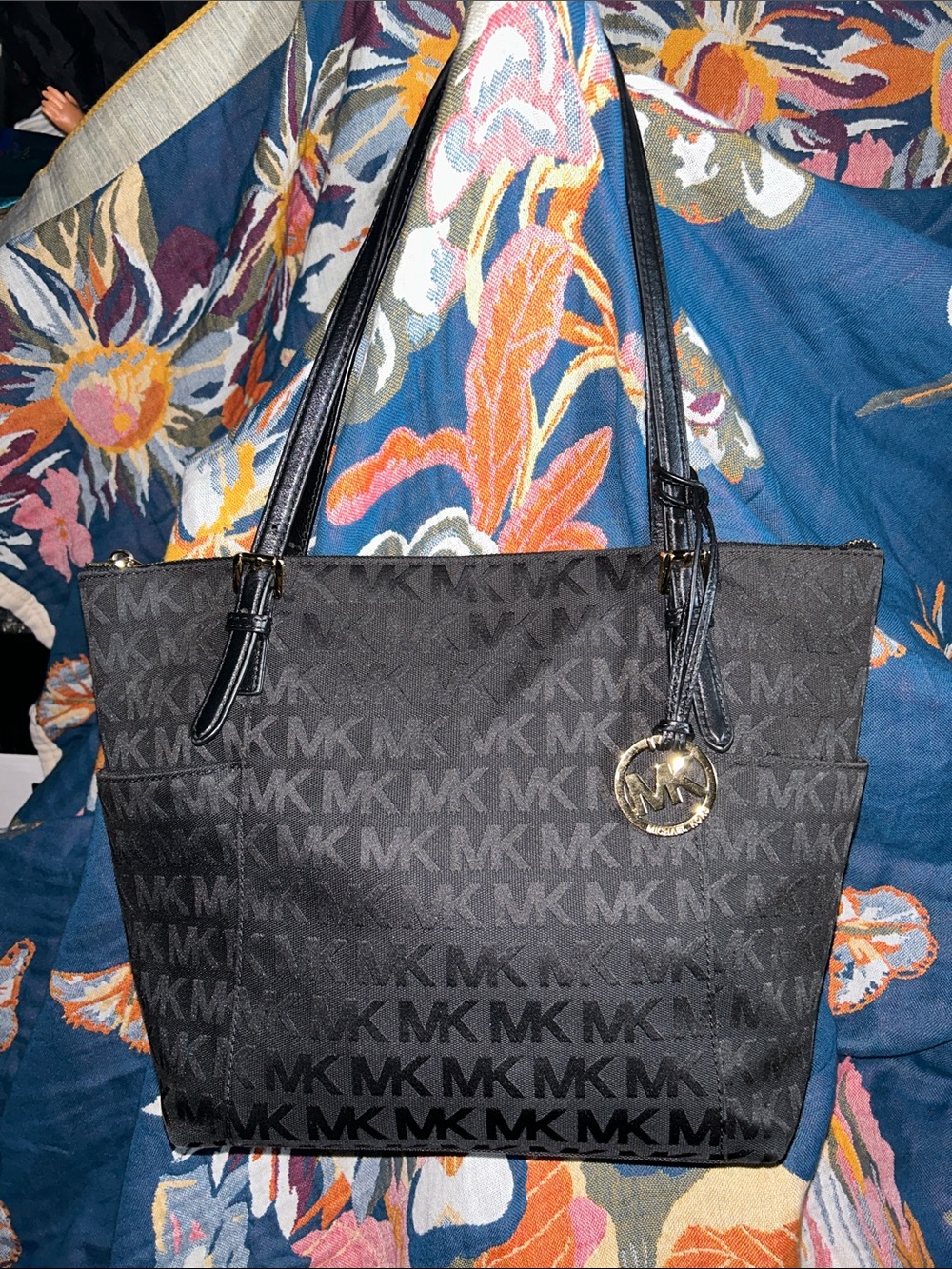 Michael Kors Black MK Signature Tote with Gold Charm